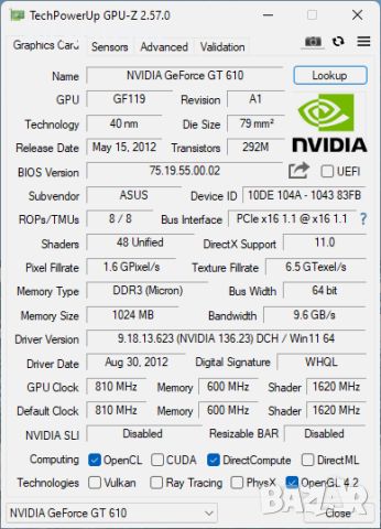 Видео карта NVidia GeForce Asus GT610 SL HDMI 1024MB GDDR3 64bit PCI-E, снимка 10 - Видеокарти - 45145579