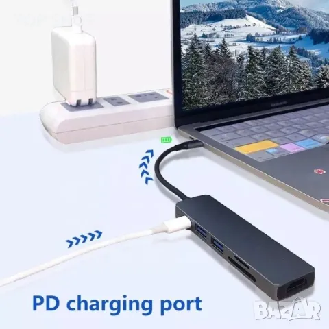 6 В 1 USB тип C към 4K HDMI USB3.0 USB SD TF адаптер за четец на карти, снимка 1 - Захранвания и кутии - 48596635