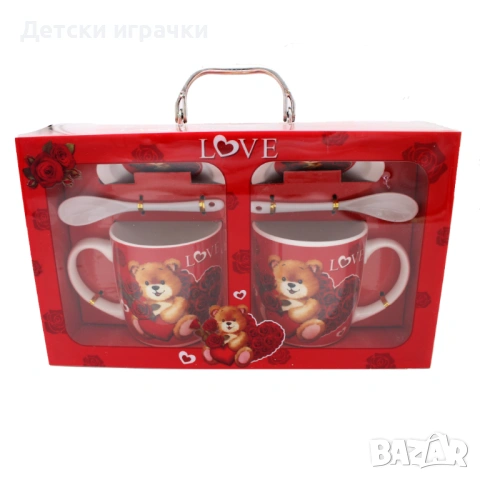 Комплект чаши с любовно сърце, червена роза, мече, кутия куфар, снимка 3 - Други - 53170108