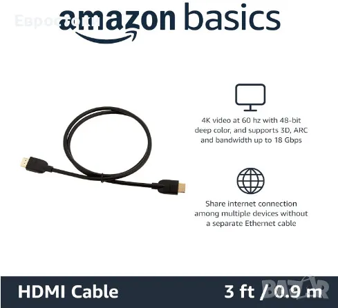 Amazon Basics 4K HDMI кабел 0.9 метра, мъжки към мъжки, 18Gbps висока скорост с Ethernet, 4K@60Hz, снимка 7 - Стойки, 3D очила, аксесоари - 48239193