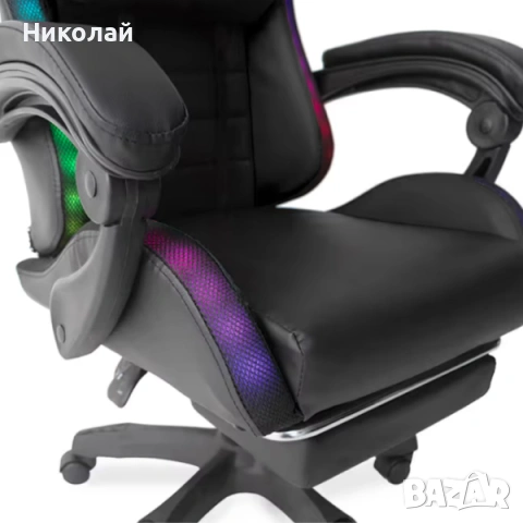 Черен геймърски стол с масаж, LED осветление и поставка за крака, снимка 6 - Геймърски - 53307996