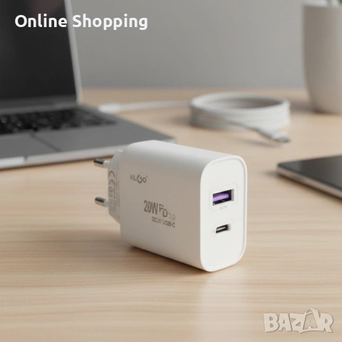 Адаптер за бързо зареждане KLGO PD-300, USB-A/USB-C, FAST CHARGING 20W, снимка 3 - Безжични зарядни - 53382665