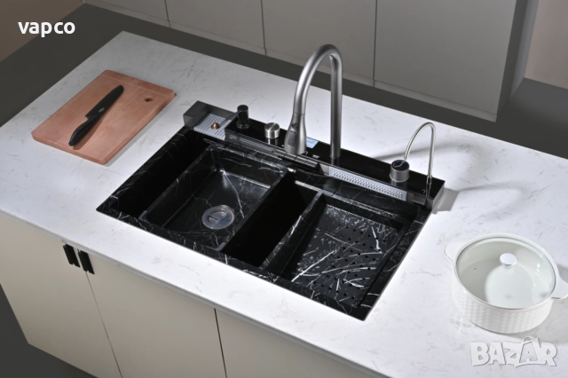  Черен мрамор - Мултифункционална кухненска мивка с двоен водопад , снимка 5 - Мивки - 52128188