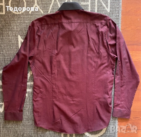Мъжка риза Бордо с черна яка, slim fit, снимка 3 - Ризи - 52625279