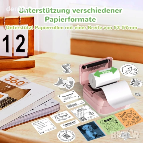 DOLEWA LX-D3 Мини преносим термопринтер с 8 ролки стикери, съвместим с iOS и Android, розов, снимка 4 - Принтери, копири, скенери - 50965425