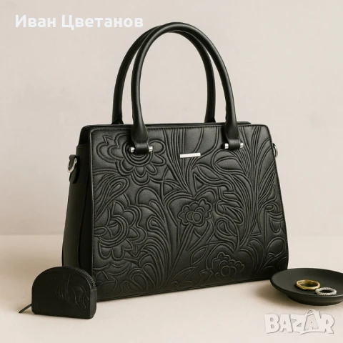 Елегантна дамска чанта с флорален релеф