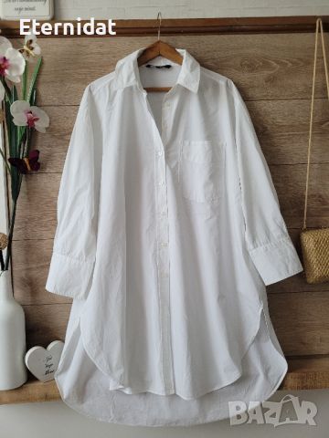 Бяла рокля тип риза ZARA , снимка 2 - Рокли - 46269746