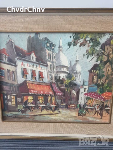 54х46см/малка стара картина масло върху платно/градски пейзаж/френско кафене/дървена рамка, снимка 2 - Картини - 51192662