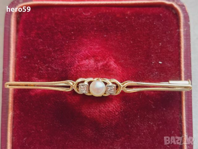 Антикварна златна 14к брошка с натурална перла и два диаманта , снимка 2 - Колиета, медальони, синджири - 45115094