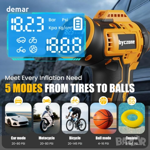 Безжичен въздушен компресор 160 PSI с LCD цифров манометър за батерия Dewalt 18V (без батерия), снимка 4 - Аксесоари и консумативи - 54025108