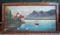Стара антикварна маслена картина - пейзаж с езеро и замък от Алпите, голям размер 80см / 170см., снимка 1