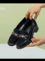 Дамски обувки с малък ток лачени с велур комбинация с естествен хастар, снимка 5