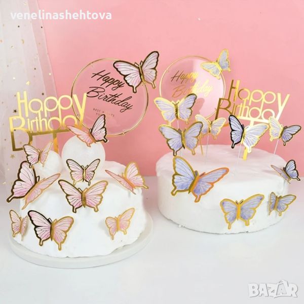 10 броя топери  пеперуди лилави розови златист кант декорация на торта мъфини, снимка 1