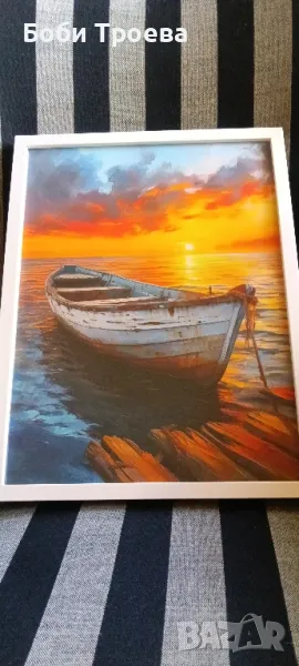 Тихо слънце, езеро и лодка - Идеален за декорация на дома и офиса, снимка 1