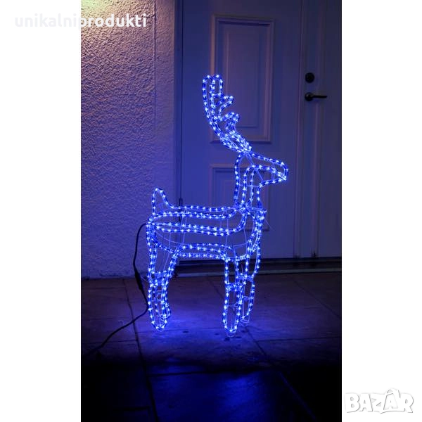 3D LED коледен елен 1 м х 80 см, студено син с флаш студено бяла светлина, IP65, снимка 1