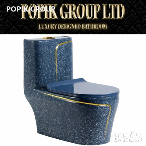 Луксозна дизайнерска тоалетна чиния син терацо със златни акценти – комплект с казанче и капак, снимка 2 - Други - 53998091