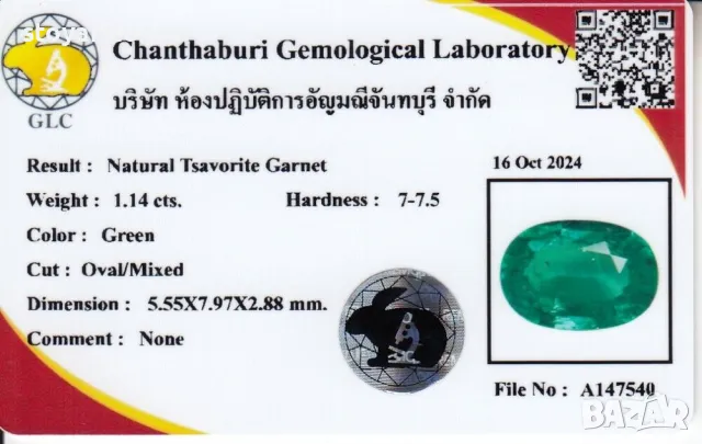 Наситено зелен Цаворит с тегло 1.14кт.! Сертифициран! Нов!, снимка 4 - Други - 48140427