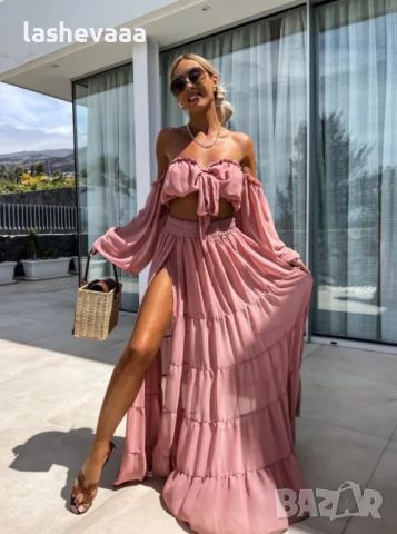 Дамски комплект топ и дълга пола с цепка в пепел от рози, снимка 2 - Костюми - 46753896