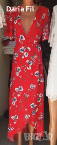 ТЪНИЧКА и ЛЕКА дълга асиметрична червена рокля на цветя тип "прегърни ме", снимка 1 - Рокли - 46357277
