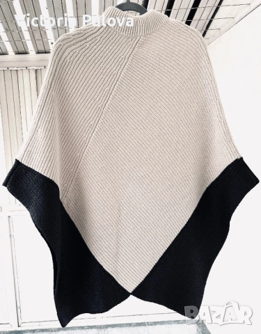 Луксозно дизайнерско пончо René Lezard – вълна и памук, асиметрия, черно/екрю, снимка 3 - Блузи с дълъг ръкав и пуловери - 53892069