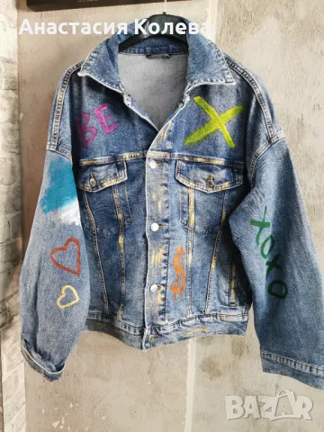 Дънково яке с рисунки/боя , снимка 2 - Якета - 50141397