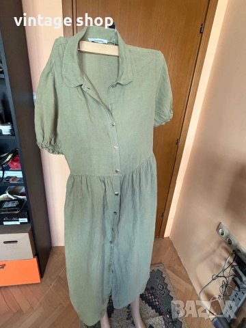 Ленена рокля в маслинено зелен цвят Zara, снимка 12 - Рокли - 54100255