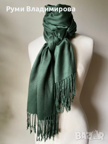 Маслиново зелен шал от кашмир, снимка 2 - Шалове - 48668989