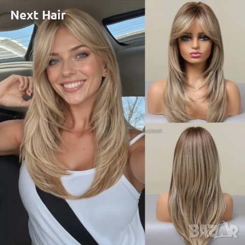 Тъмно руса перука с фини светли кичури и дълъг бретон, снимка 1