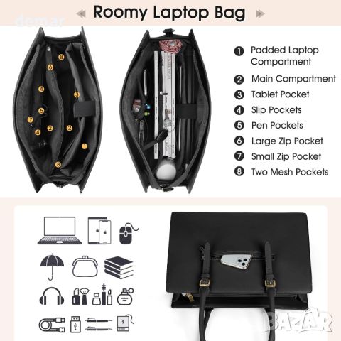 Дамска чанта за лаптоп IGOLUMON 15,6-инчова, бизнес, училище, кожена, черна, снимка 5 - Чанти - 45095189