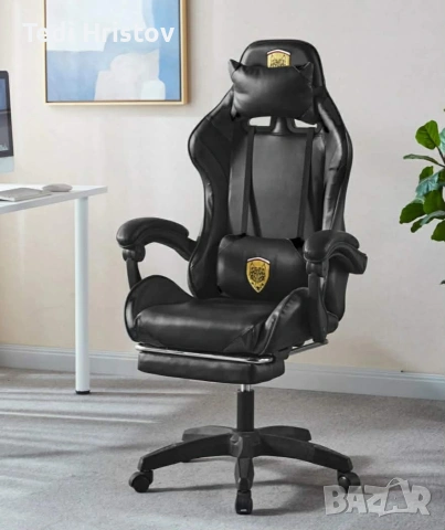 Черен геймърски стол с регулируема височина, лумбална възглавница и метална основа, снимка 3 - Столове - 53239125