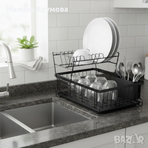Двуетажен метален сушилник за съдове Cheffinger с отделение за прибори – повече ред и сух плот в кух