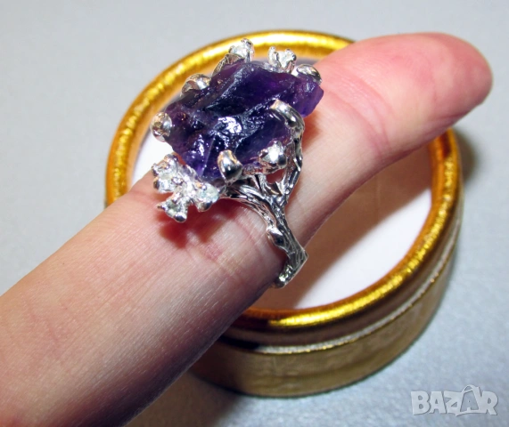 925 сребърен пръстен с необработен аметист размери 16x10мм, снимка 4 - Пръстени - 53756392