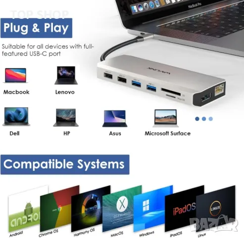 USB C докинг станция за три монитора 2 HDMI+DisplayPort, WAVLINK 100 W, снимка 10 - Кабели и адаптери - 49457593
