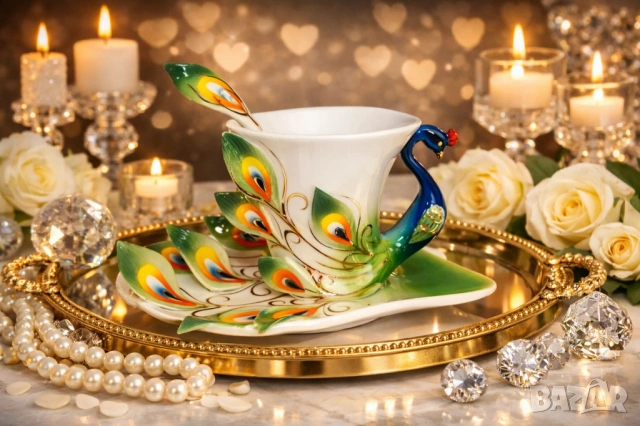 Бутикова чаша, арт пластика Паун - 3 части - Промоция за Св. Валентин