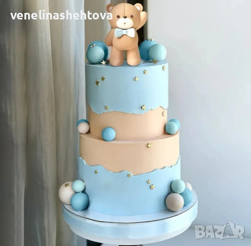 16 броя фигурка мече синя панделка бели сини топчета на тел декорация на торта , снимка 2 - Други - 54085995