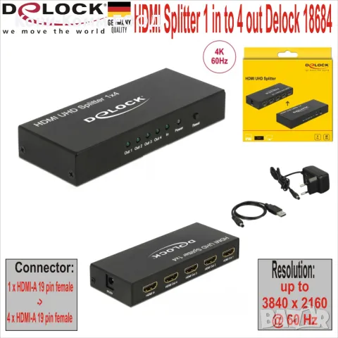 HDMI Splitter 1 x HDMI in към 4 x HDMI out 4K Delock , снимка 1