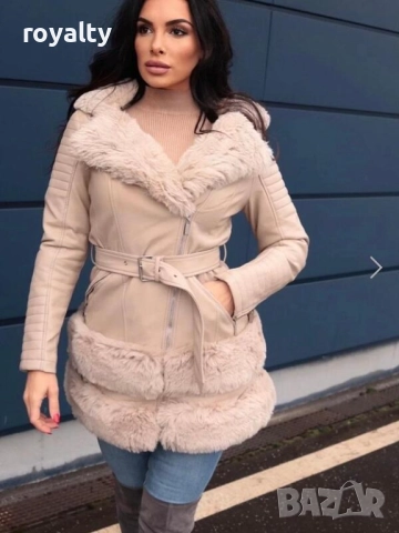 Дамско бежово кожено яке с пух , снимка 2 - Якета - 51966092