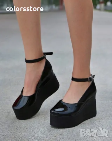 Обувки на платформа - черен лак с черно ходило - 125K