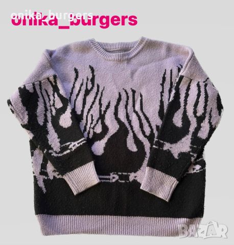 Лилав винтидж пънк пламъчen пуловер унисекс, снимка 1 - Пуловери - 45409606