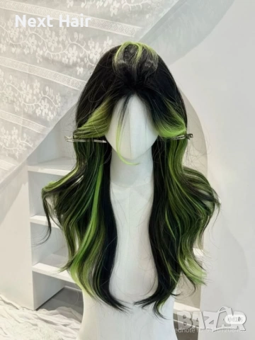Синтетична черна чуплива перука с лимонено-жълто-зелени краища, снимка 2 - Аксесоари за коса - 52897709