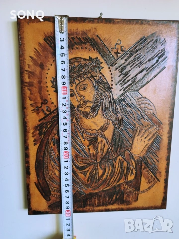 Икона На Исус Христос С Трънен Венец Пирография Върху Дърво, снимка 5 - Икони - 53668894