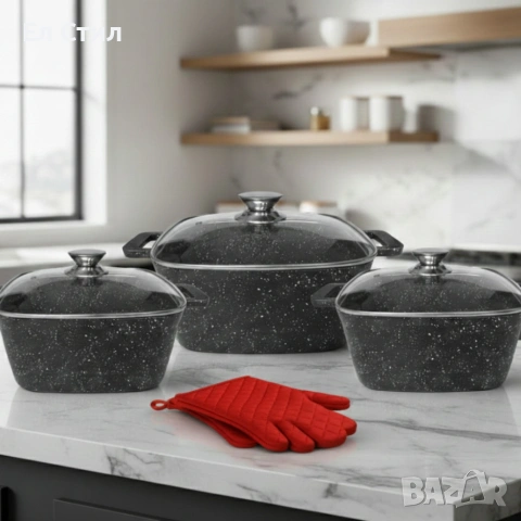 Комплект тенджери – Cheffinger от 3 части с мраморно покритие и капаци + подарък 2 ръкавици, снимка 2 - Съдове за готвене - 53573974