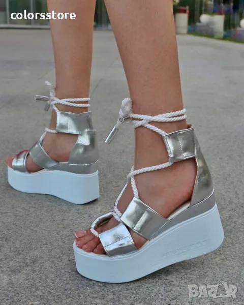 Сандали на платформа - сребриста кожа с бяло ходило - 311, снимка 1
