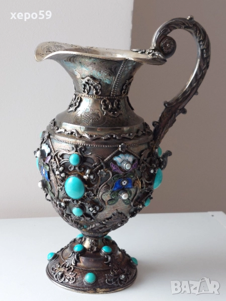 Стара Антикварна Сребърна кана за вода/сребро 925 проба,емайл,тюркуази/чаша,сребро/, снимка 1