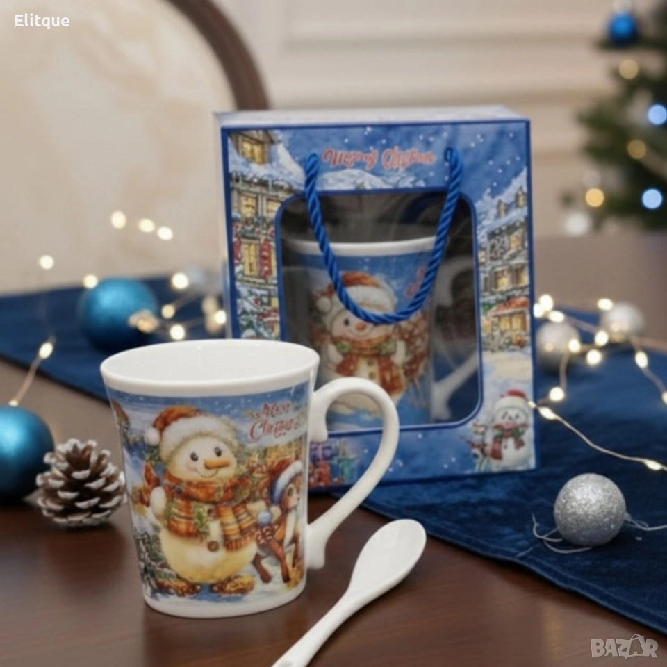 Празничен комплект за топли напитки – Керамична чаша и лъжичка в коледна опаковка, снимка 1