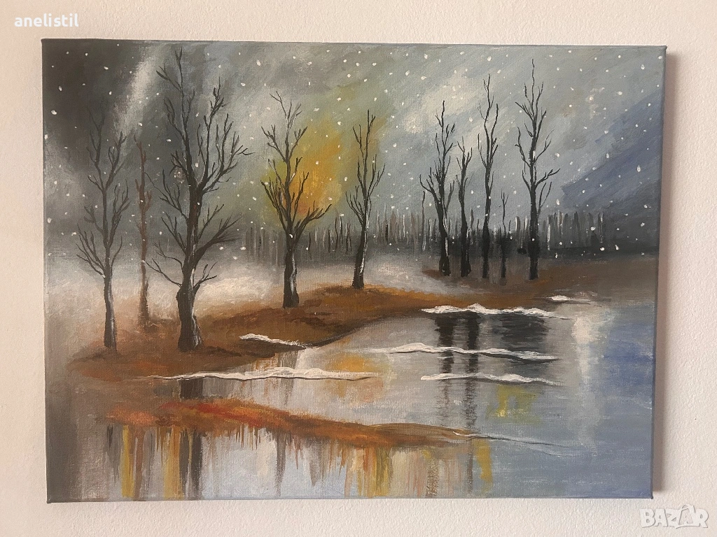 🖼 Оригинална авторска картина – зимен пейзаж (акрил), снимка 1