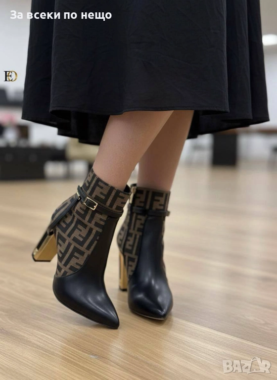 Fendi Дамски Черни Кожени Боти С Ток И Метален Детайл Фенди Код SK134, снимка 1