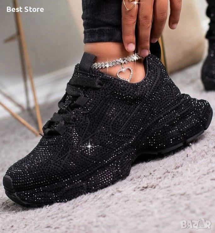 Дамски Черни Маратонки С Камъни 36-40 Номер , снимка 1