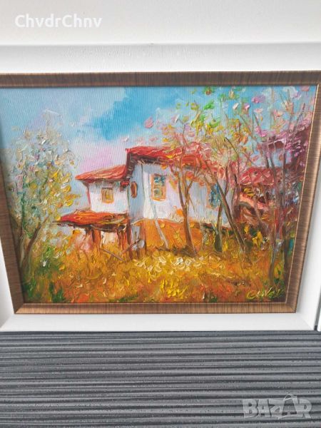 Малка картина масло върху фазер в рамка/Димитър Генев/селска къща, снимка 1