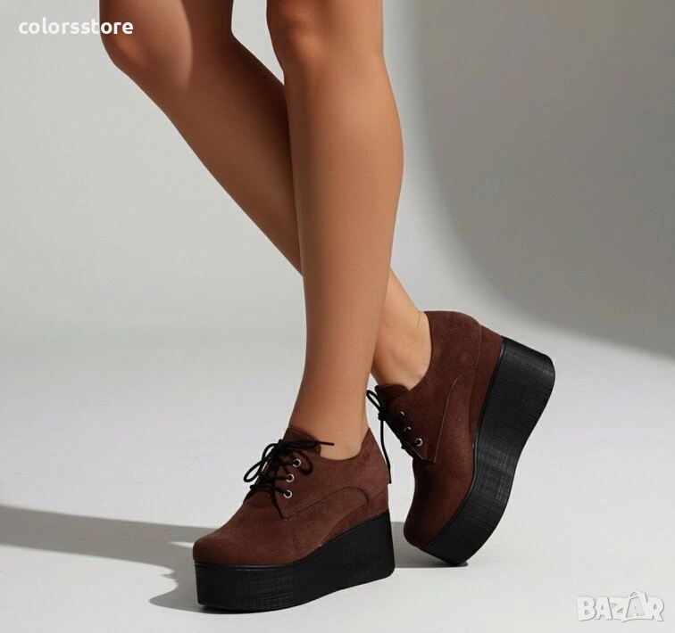 Обувки на платформа - тъмнокафяв велур с черно ходило - 120K , снимка 1